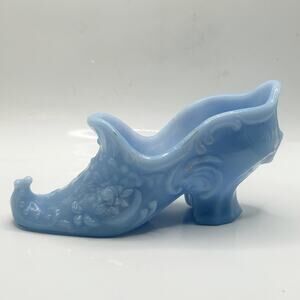 Vintage Delphite Soft Blue Milk Glass Mosser Art Glass Rose Slipper / Shoe 6”